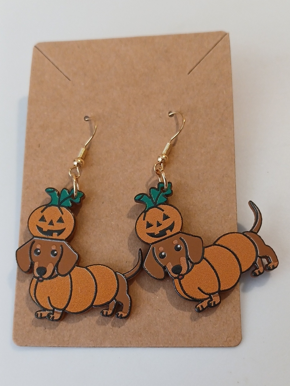 Fashion Jewelry Orange Pumpkin Dachshund Drop Earrings with Green Accents
